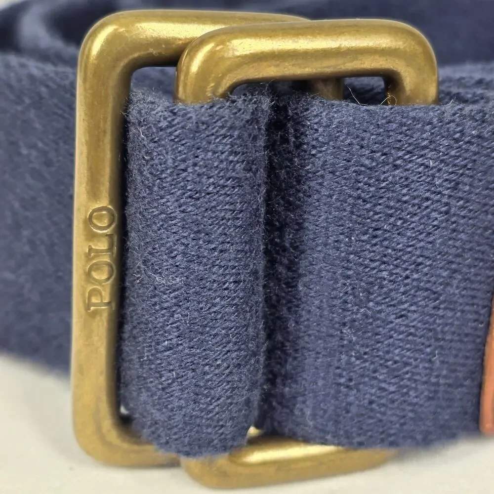 POLO RALPH LAUREN CANVAS & LEATHER BELT – NAVY / BROWN – SIZE S –  VINTAGE 90's
